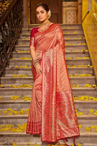 Peach banarasi silk blend zari woven saree