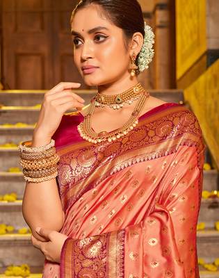 Peach faux banarasi silk blend zari woven saree 2
