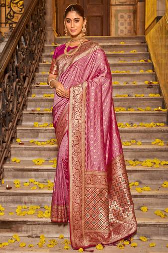 Light pink banarasi silk blend zari woven saree