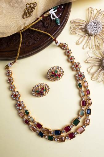 Multicolor kemp studded double line necklace set