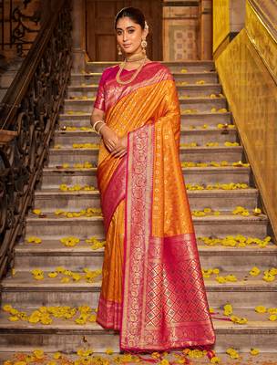 Mustard faux banarasi silk blend zari woven saree 1