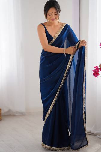 Blue fendy satin saree
