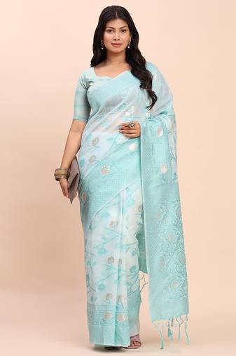 Sky blue linen cotton woven saree
