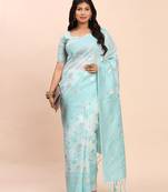 Sky blue linen cotton woven saree