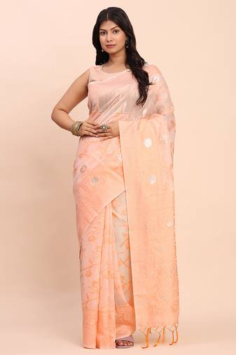Peach linen cotton woven saree