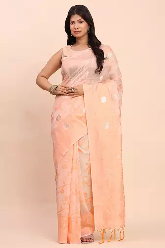 Peach linen cotton woven saree