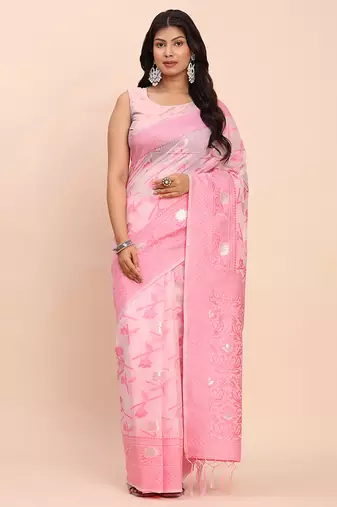 Light pink linen cotton woven saree