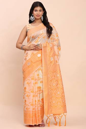 Orange linen cotton woven saree