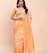 Orange linen cotton woven saree
