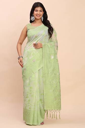 Light green linen cotton woven saree