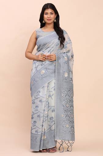 Grey linen cotton woven saree