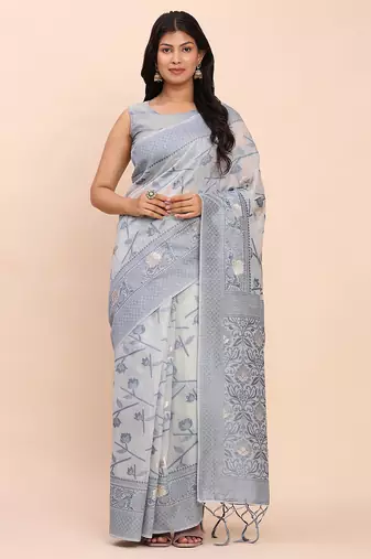 Grey linen cotton woven saree