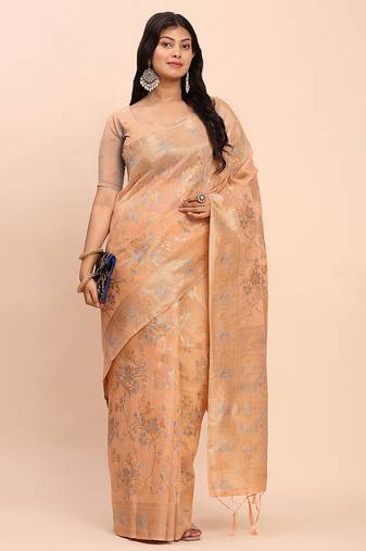 Orange linen cotton woven saree