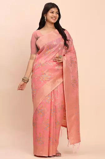 Peach linen cotton woven saree