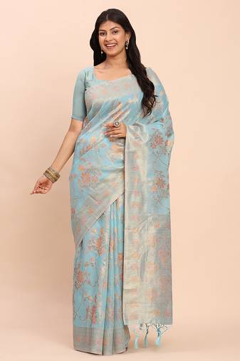 Sky blue linen cotton woven saree