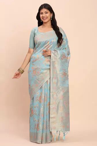 Sky blue linen cotton woven saree