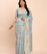 Sky blue linen cotton woven saree
