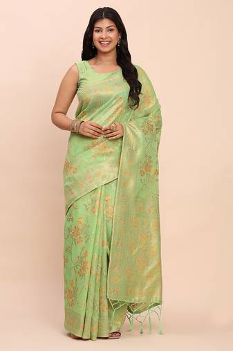 Green linen cotton woven saree