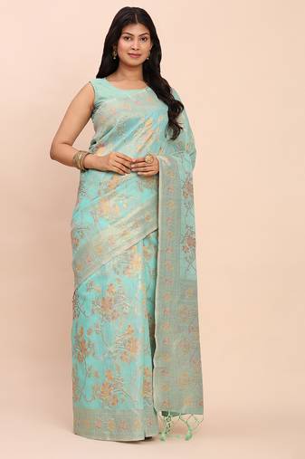 Sea green linen cotton woven saree