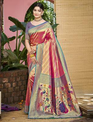 Pink kanjivaram silk blend zari woven saree 1