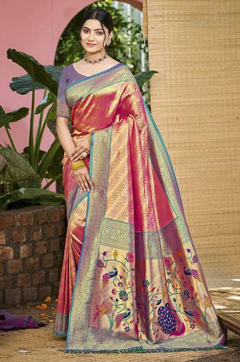 Pink kanjivaram silk blend zari woven saree