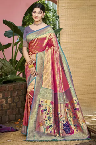 Pink kanjivaram silk blend zari woven saree