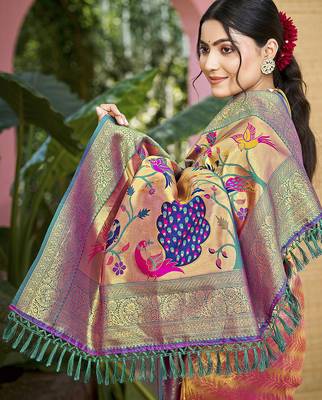 Pink kanjivaram silk blend zari woven saree 2