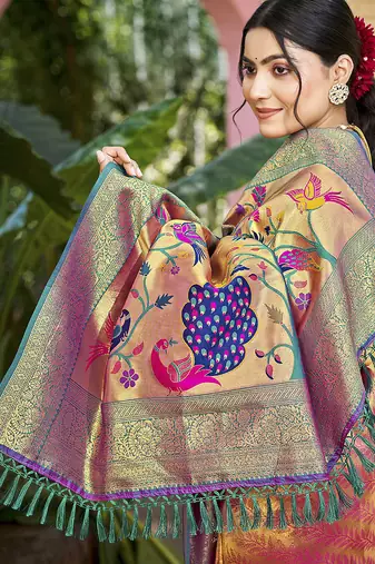 Pink kanjivaram silk blend zari woven saree