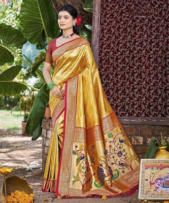 Yellow kanjivaram silk blend zari woven saree 1