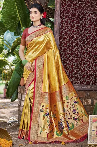 Yellow kanjivaram silk blend zari woven saree