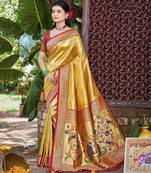 Yellow kanjivaram silk blend zari woven saree