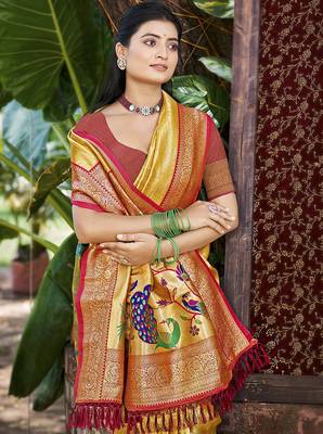 Yellow kanjivaram silk blend zari woven saree 2