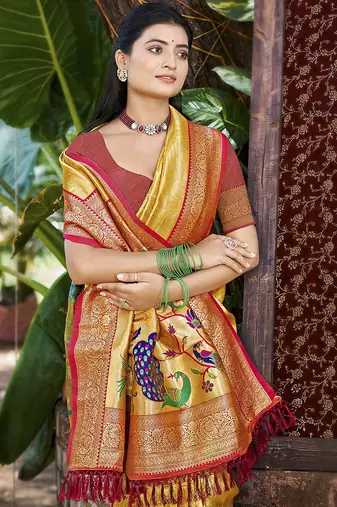 Yellow kanjivaram silk blend zari woven saree