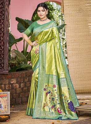 Green kanjivaram silk blend zari woven saree 1