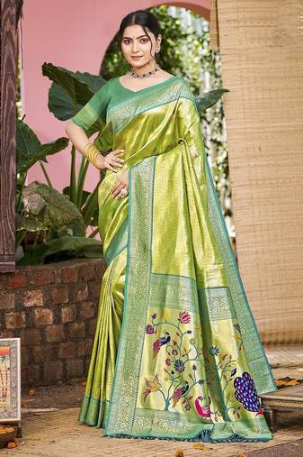 Green kanjivaram silk blend zari woven saree