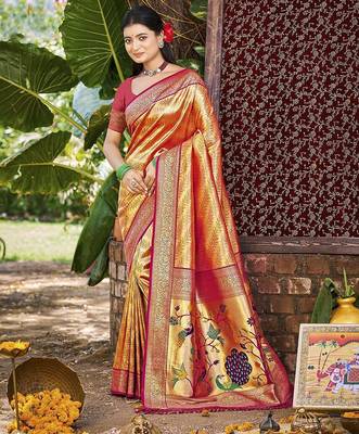 Orange kanjivaram silk blend zari woven saree 1