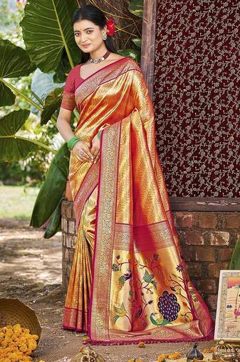Orange kanjivaram silk blend zari woven saree