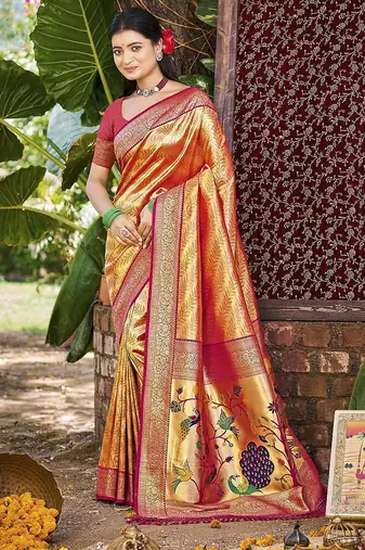 Orange kanjivaram silk blend zari woven saree