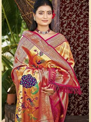 Orange kanjivaram silk blend zari woven saree 2