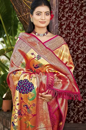 Orange kanjivaram silk blend zari woven saree