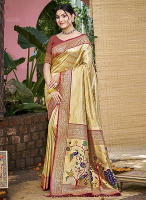 Beige kanjivaram silk blend zari woven saree 1