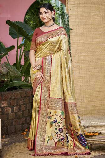 Beige kanjivaram silk blend zari woven saree