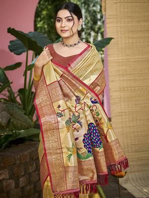 Beige kanjivaram silk blend zari woven saree 2