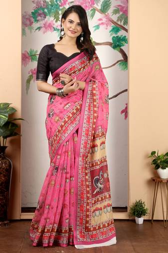Pink linen cotton digital printed saree