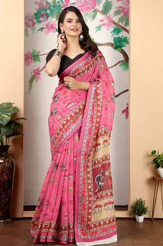 Pink linen cotton digital printed saree