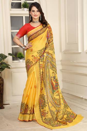 Yellow linen cotton digital printed saree
