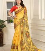 Yellow linen cotton digital printed saree
