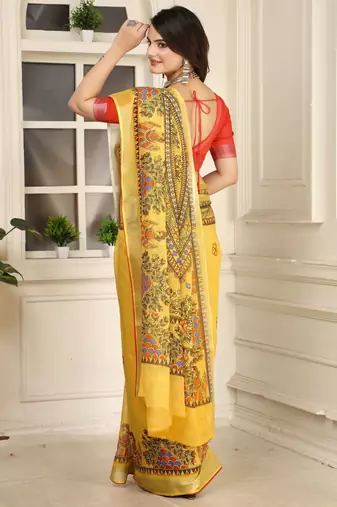 Yellow linen cotton digital printed saree