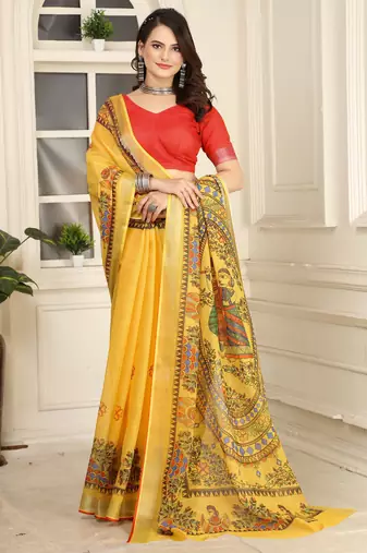 Yellow linen cotton digital printed saree
