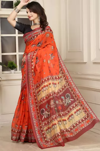 Orange linen cotton digital printed saree